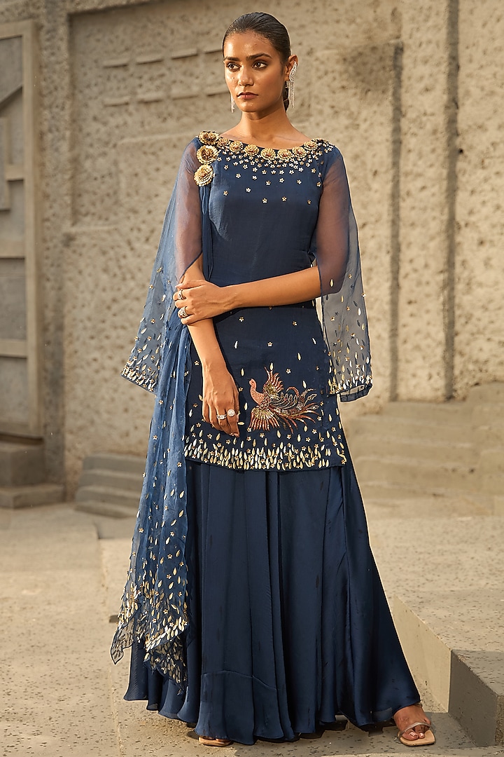 Midnight Blue Georgette Textured Sharara Set by SHREEKA at Pernia's Pop Up Shop