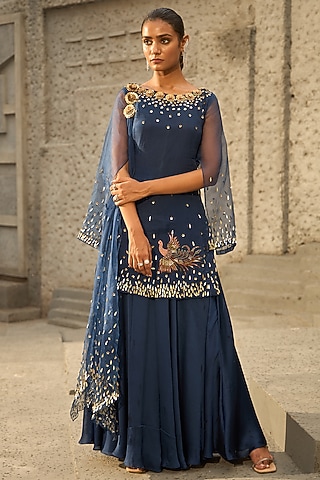 Midnight Blue Georgette Textured Sharara Set by SHREEKA