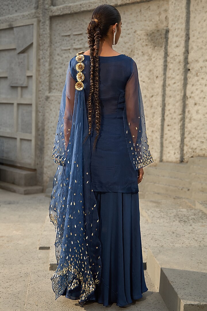 Midnight Blue Georgette Textured Wedding Sharara Set by SHREEKA at Pernia's Pop Up Shop