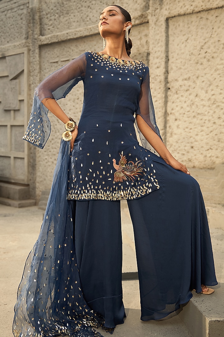 Midnight Blue Georgette Textured Wedding Sharara Set by SHREEKA at Pernia's Pop Up Shop