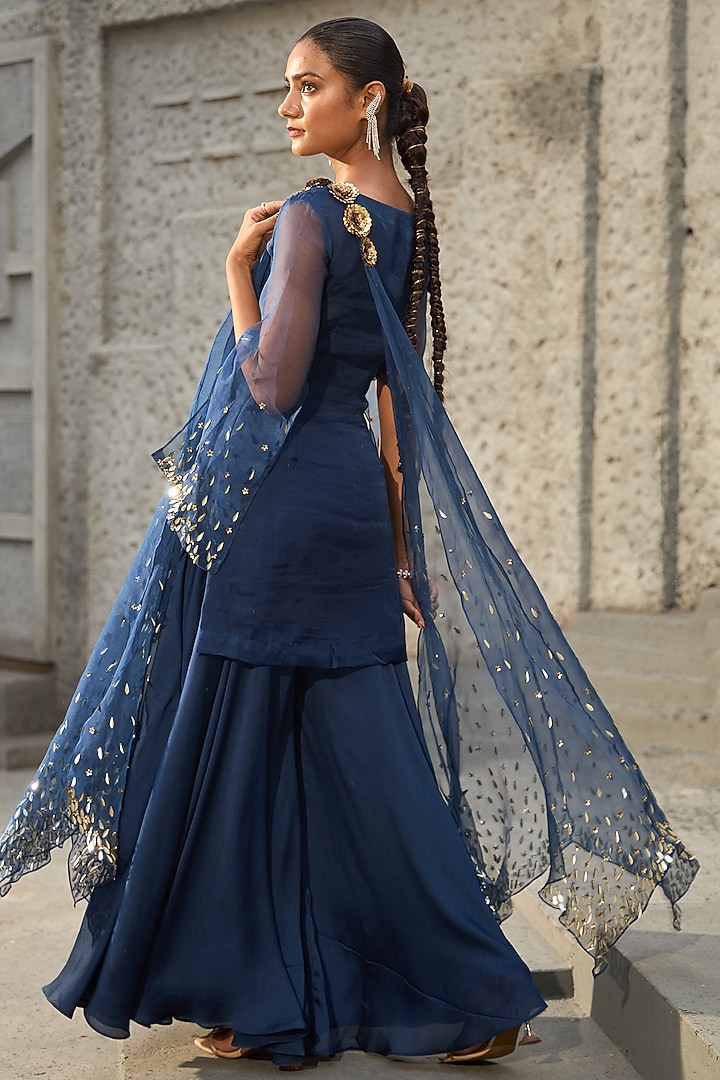 Midnight Blue Georgette Textured Wedding Sharara Set by SHREEKA at Pernia's Pop Up Shop