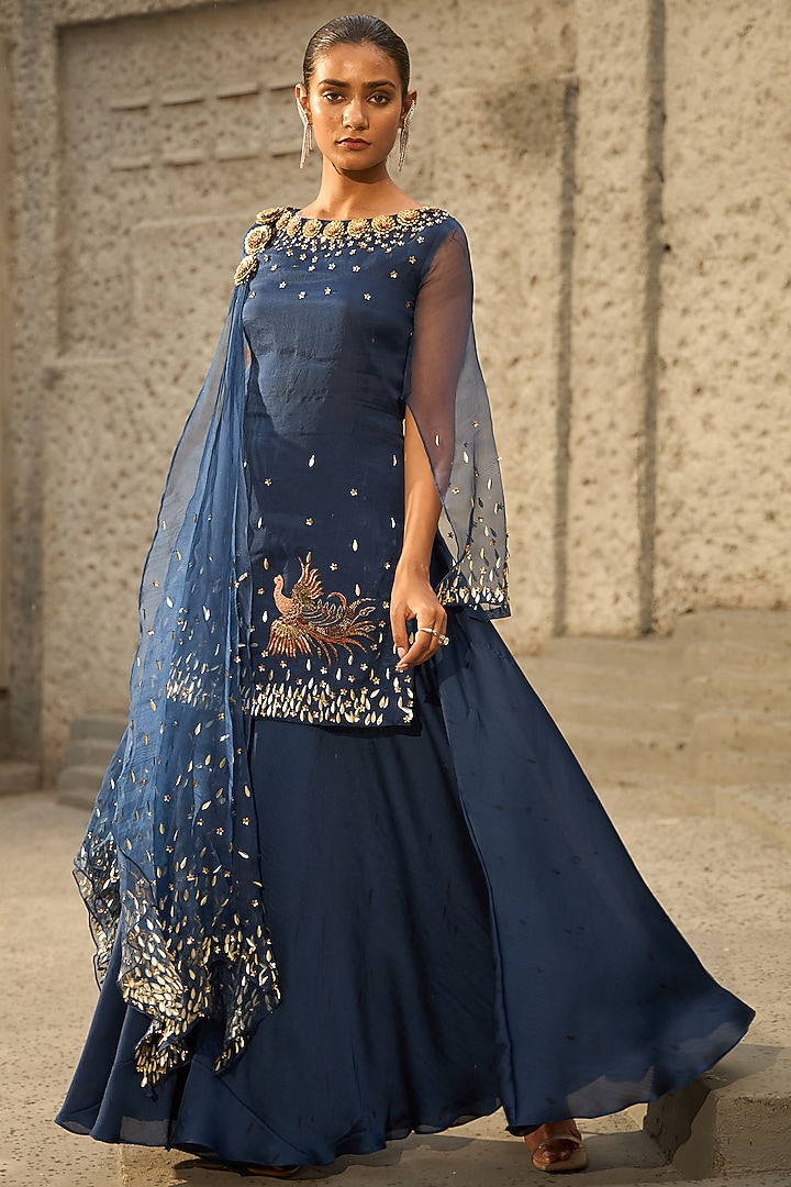 Midnight Blue Georgette Textured Wedding Sharara Set by SHREEKA at Pernia's Pop Up Shop