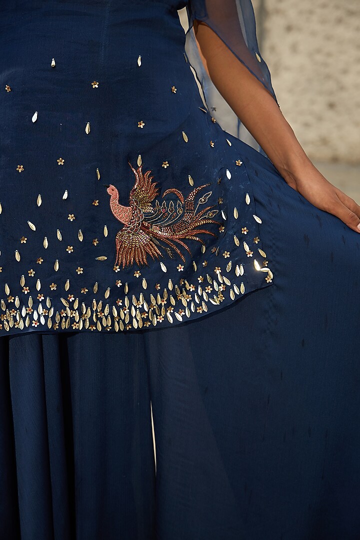 Midnight Blue Georgette Textured Wedding Sharara Set by SHREEKA at Pernia's Pop Up Shop