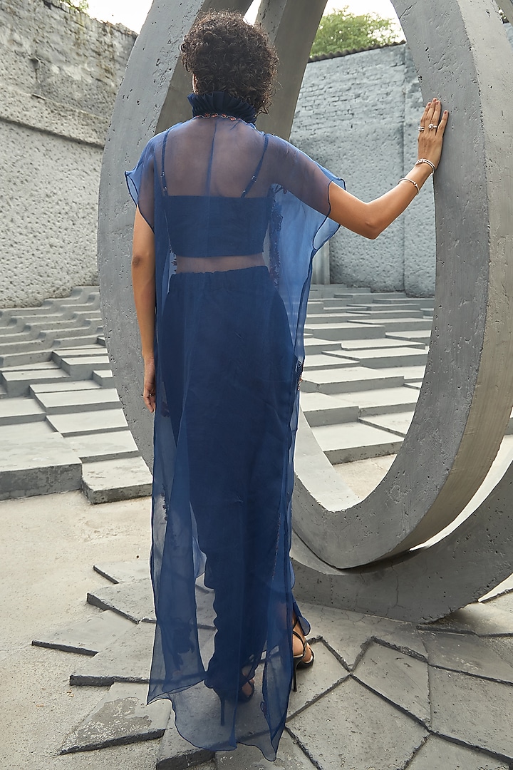 Midnight Blue Organza Beads Hand Embroidered Cape Set by SHREEKA at Pernia's Pop Up Shop