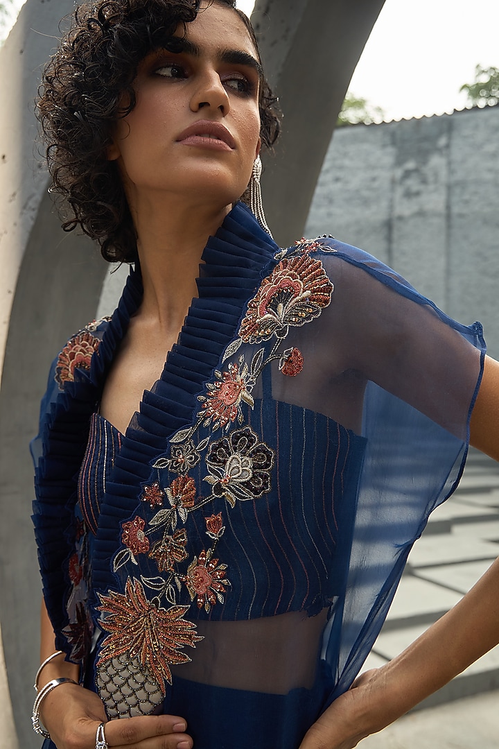 Midnight Blue Organza Beads Hand Embroidered Cape Set by SHREEKA at Pernia's Pop Up Shop