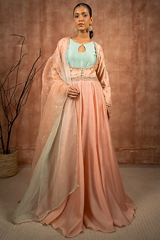 Peach Silk Chanderi Hand Embroidered Anarkali Set by SHREEKA