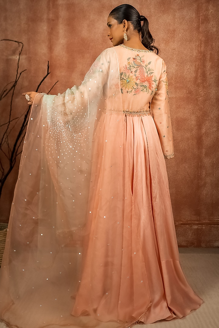 Peach Silk Chanderi Hand Embroidered Wedding Anarkali Set by SHREEKA at Pernia's Pop Up Shop