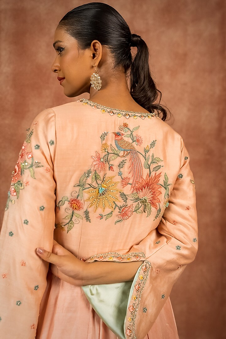 Peach Silk Chanderi Hand Embroidered Wedding Anarkali Set by SHREEKA at Pernia's Pop Up Shop