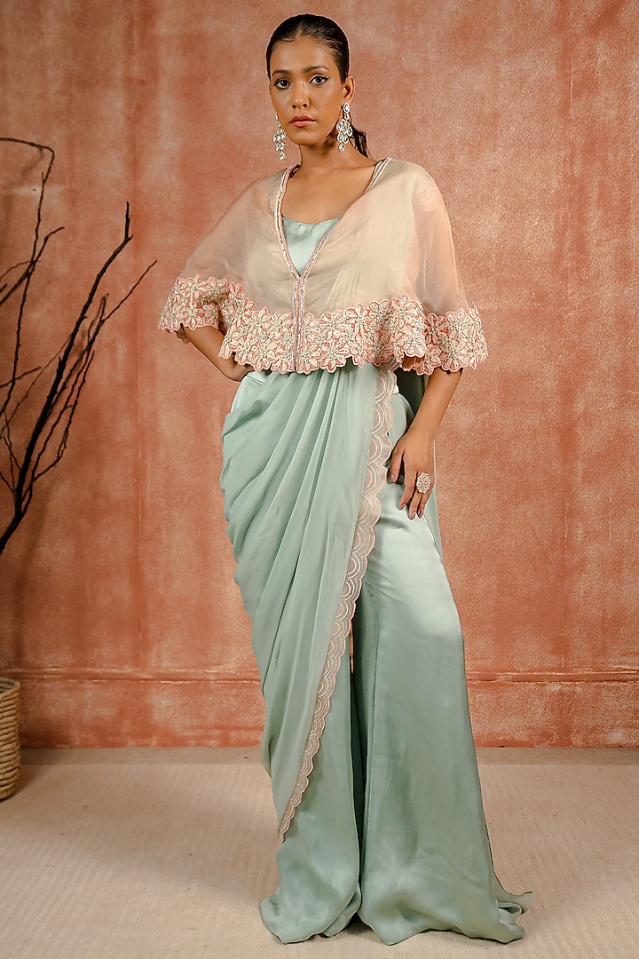 Peach & Mint Georgette Lace Embroidered Pre-Draped Pant Saree Set by SHREEKA at Pernia's Pop Up Shop