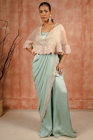 Peach & Mint Georgette Lace Embroidered Pre-Draped Pant Saree Set by SHREEKA