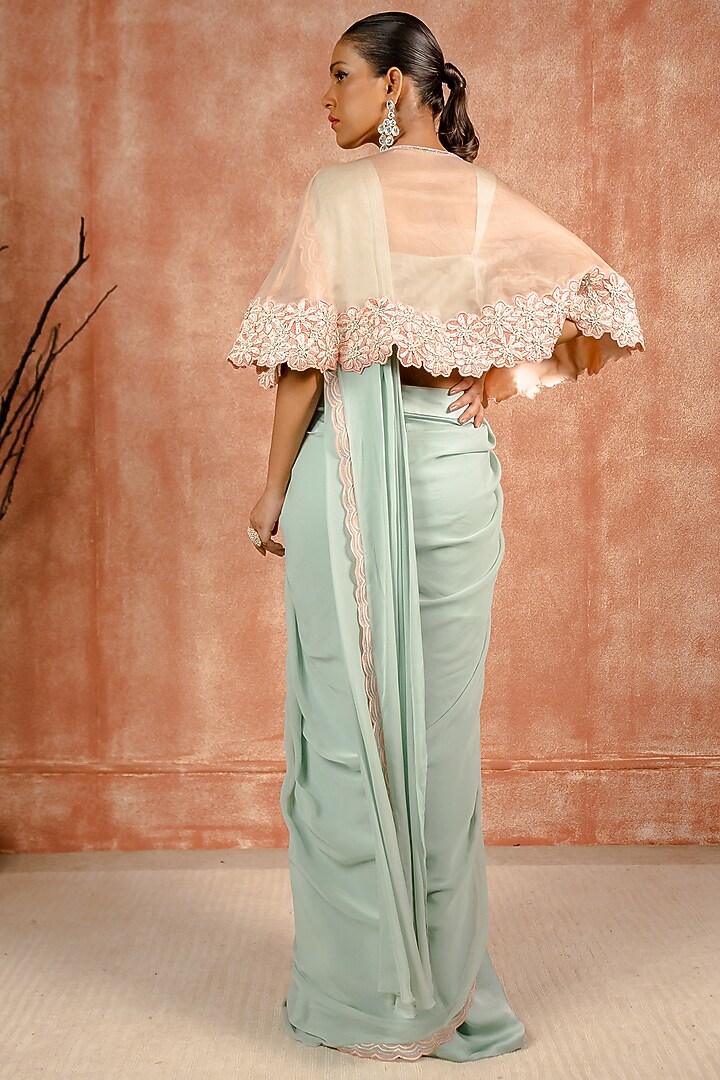 Peach & Mint Georgette Lace Embroidered Pre-Draped Pant Wedding Saree Set by SHREEKA at Pernia's Pop Up Shop
