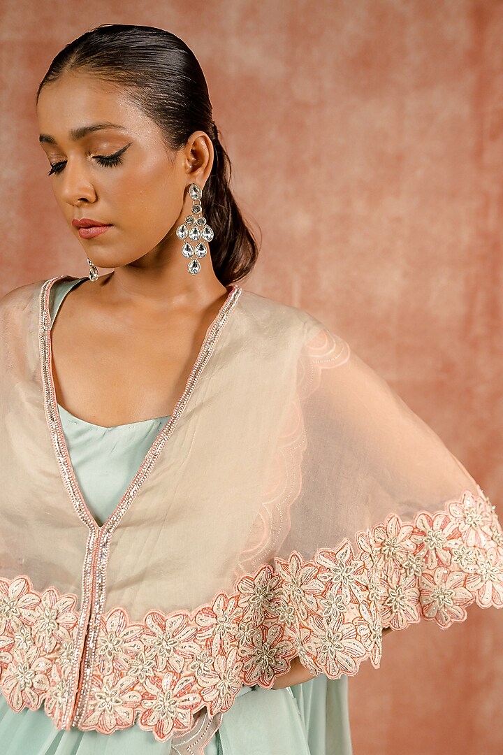 Peach & Mint Georgette Lace Embroidered Pre-Draped Pant Wedding Saree Set by SHREEKA at Pernia's Pop Up Shop