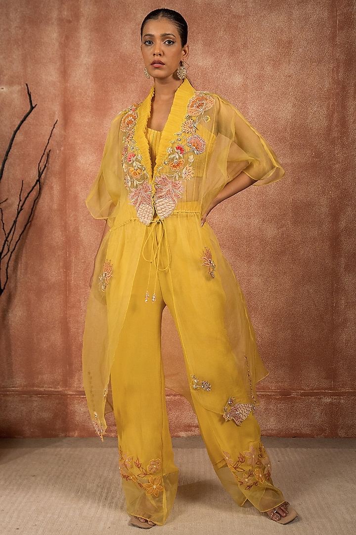 Lime Green Georgette Embroidered Pant Set by SHREEKA at Pernia's Pop Up Shop