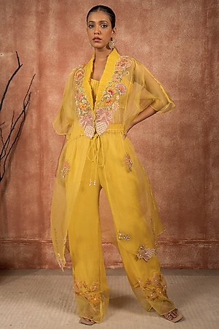 Lime Green Georgette Embroidered Pant Set by SHREEKA