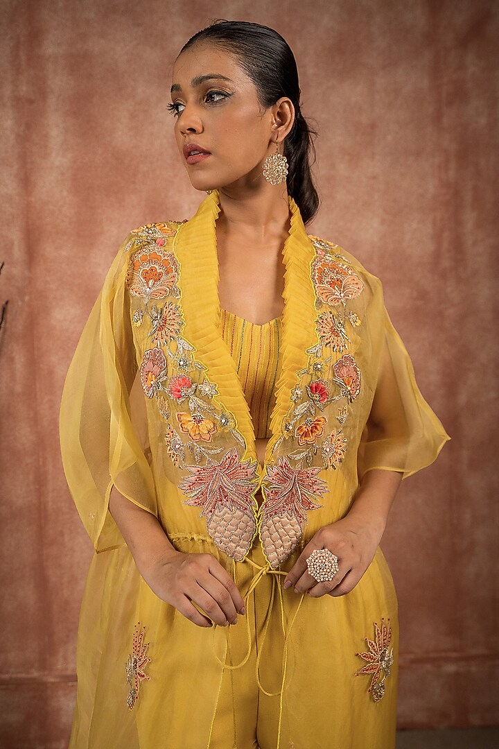 Lime Green Georgette Embroidered Pant Set by SHREEKA at Pernia's Pop Up Shop
