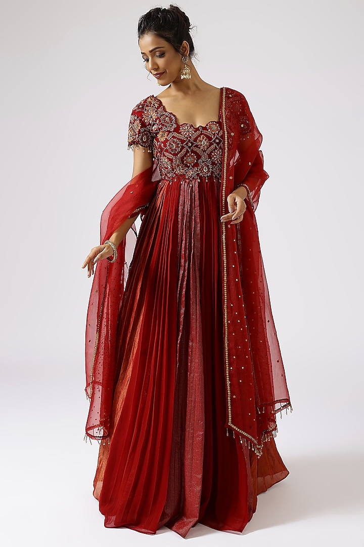 Deep Red Chanderi Zari Floral Jaal Hand Embroidered Anarkali Set by SHREEKA at Pernia's Pop Up Shop