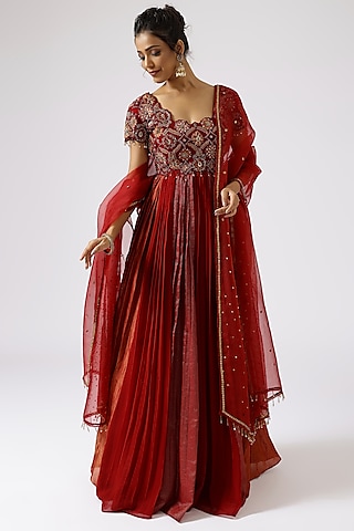 Deep Red Chanderi Zari Floral Jaal Hand Embroidered Anarkali Set by SHREEKA
