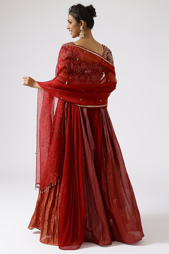 Deep Red Chanderi Zari Floral Jaal Hand Embroidered Wedding Anarkali Set by SHREEKA at Pernia's Pop Up Shop
