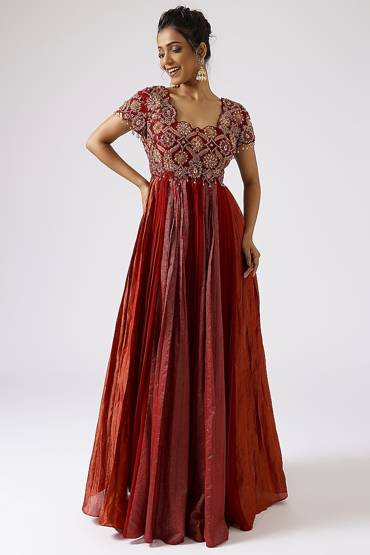 Deep Red Chanderi Zari Floral Jaal Hand Embroidered Wedding Anarkali Set by SHREEKA at Pernia's Pop Up Shop