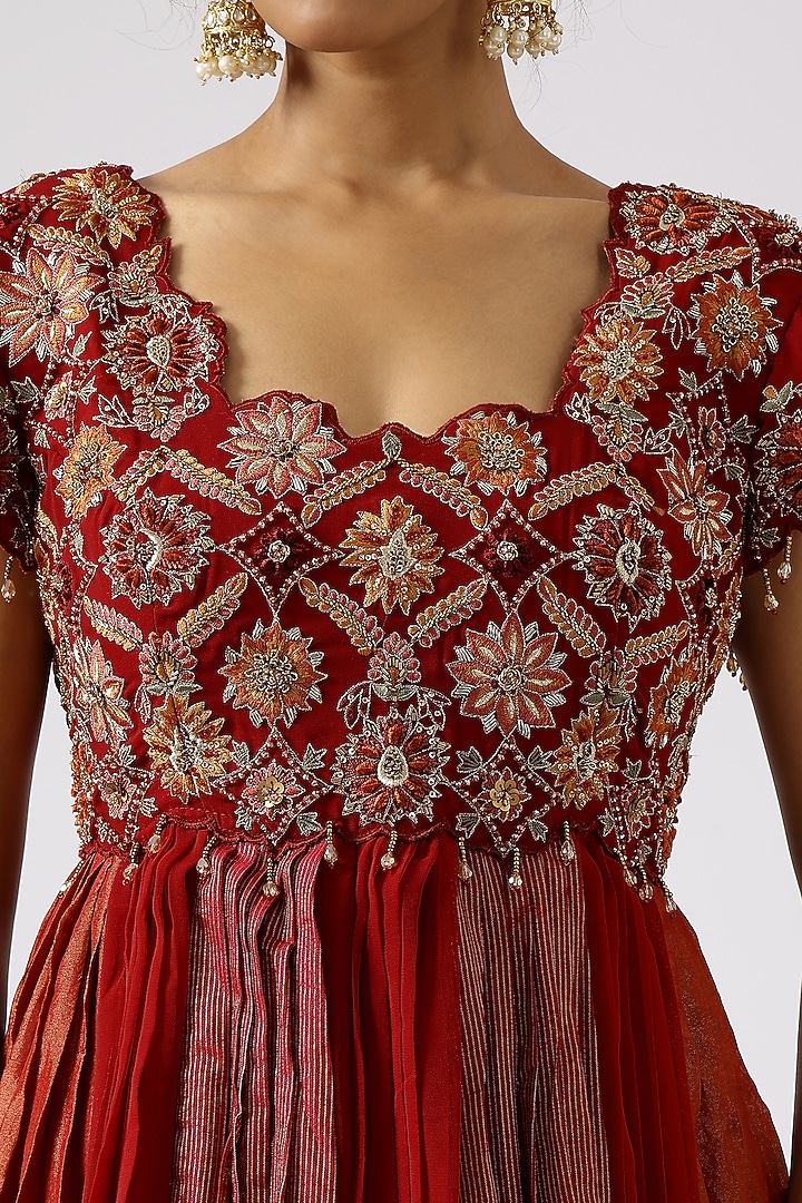 Deep Red Chanderi Zari Floral Jaal Hand Embroidered Wedding Anarkali Set by SHREEKA at Pernia's Pop Up Shop
