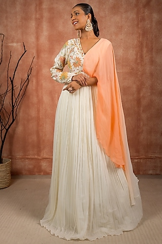 White Chanderi Hand Embroidered Anarkali Set by SHREEKA
