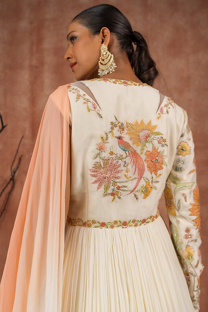 White Chanderi Hand Embroidered Wedding Anarkali Set by SHREEKA at Pernia's Pop Up Shop