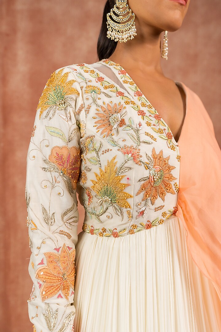 White Chanderi Hand Embroidered Wedding Anarkali Set by SHREEKA at Pernia's Pop Up Shop
