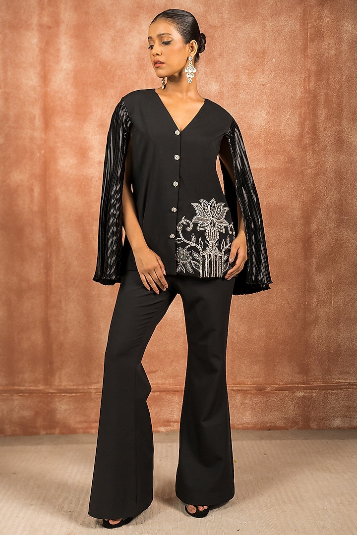 Black Imported Satin Hand Embroidered Jacket Set by SHREEKA at Pernia's Pop Up Shop