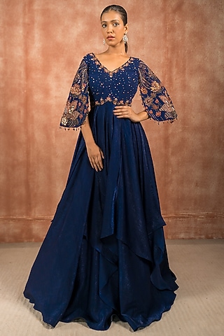 Midnight Blue Georgette Hand Embroidered Asymmetrical Handkerchief Gown by SHREEKA