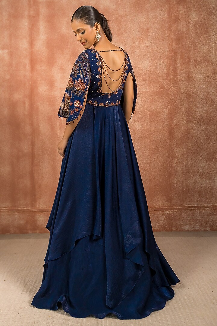 Midnight Blue Georgette Hand Embroidered Asymmetrical Handkerchief Engagement Gown by SHREEKA at Pernia's Pop Up Shop