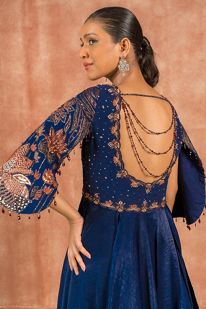 Midnight Blue Georgette Hand Embroidered Asymmetrical Handkerchief Engagement Gown by SHREEKA at Pernia's Pop Up Shop