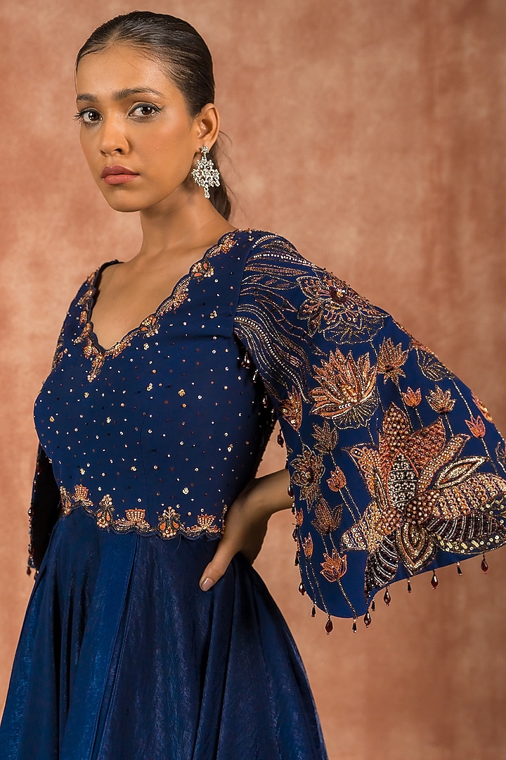 Midnight Blue Georgette Hand Embroidered Asymmetrical Handkerchief Engagement Gown by SHREEKA at Pernia's Pop Up Shop
