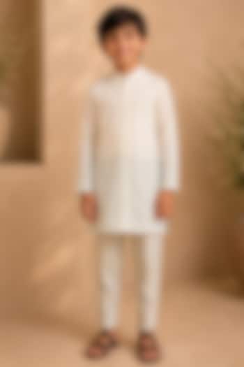 Ivory & Powder Blue Ombre Cotton Silk Pearl Embroidered Kurta Set For Boys by Shreyansh Designs Kids at Pernia's Pop Up Shop