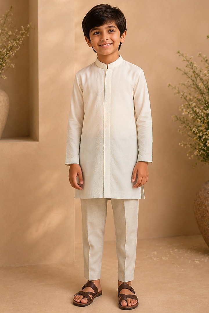 Ivory & Powder Blue Ombre Cotton Silk Pearl Embroidered Kurta Set For Boys by Shreyansh Designs Kids at Pernia's Pop Up Shop