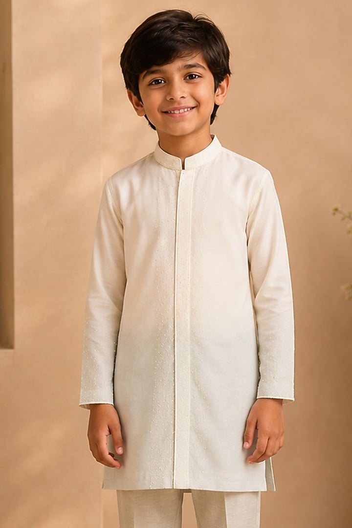 Ivory & Powder Blue Ombre Cotton Silk Pearl Embroidered Kurta Set For Boys by Shreyansh Designs Kids at Pernia's Pop Up Shop