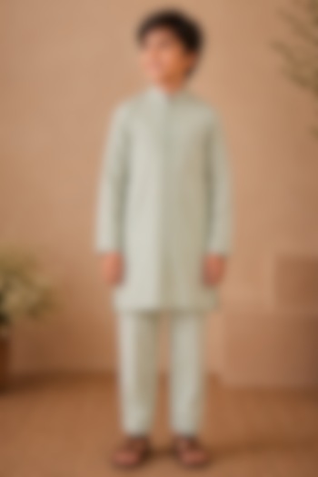 Powder Blue Cotton Silk Pearl Embroidered Kurta Set For Boys by Shreyansh Designs Kids at Pernia's Pop Up Shop