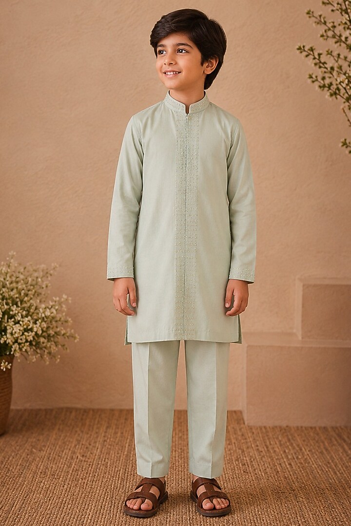 Powder Blue Cotton Silk Pearl Embroidered Kurta Set For Boys by Shreyansh Designs Kids at Pernia's Pop Up Shop