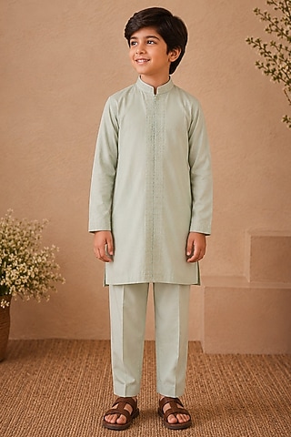Powder Blue Cotton Silk Pearl Embroidered Kurta Set For Boys by Shreyansh Designs Kids