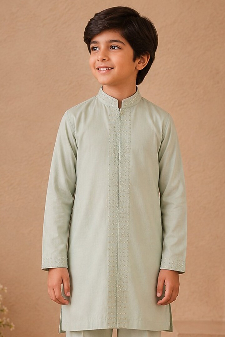 Powder Blue Cotton Silk Pearl Embroidered Kurta Set For Boys by Shreyansh Designs Kids at Pernia's Pop Up Shop