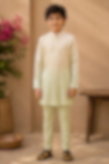 Ivory & Pista Ombre Cotton Silk Pearl Embroidered Kurta Set For Boys by Shreyansh Designs Kids at Pernia's Pop Up Shop