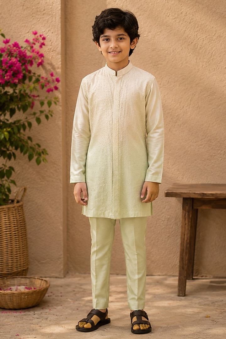Ivory & Pista Ombre Cotton Silk Pearl Embroidered Kurta Set For Boys by Shreyansh Designs Kids at Pernia's Pop Up Shop