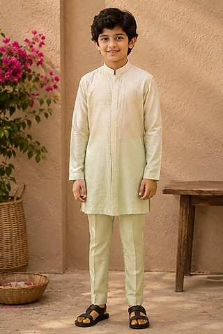 Ivory & Pista Ombre Cotton Silk Pearl Embroidered Kurta Set For Boys by Shreyansh Designs Kids
