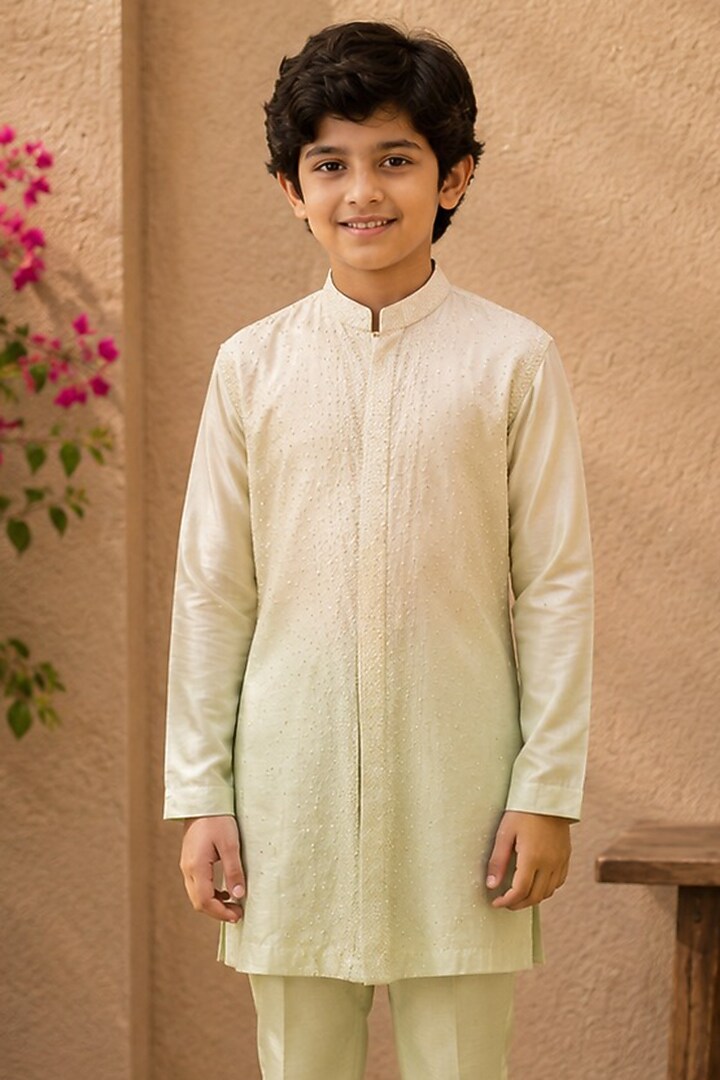 Ivory & Pista Ombre Cotton Silk Pearl Embroidered Kurta Set For Boys by Shreyansh Designs Kids at Pernia's Pop Up Shop