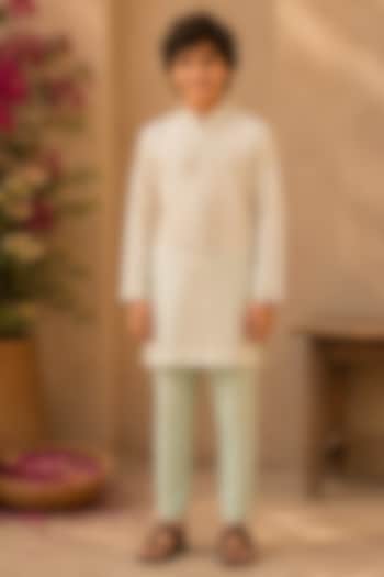 Ivory & Powder Blue Ombre Cotton Silk Mirror Work Kurta Set For Boys by Shreyansh Designs Kids at Pernia's Pop Up Shop