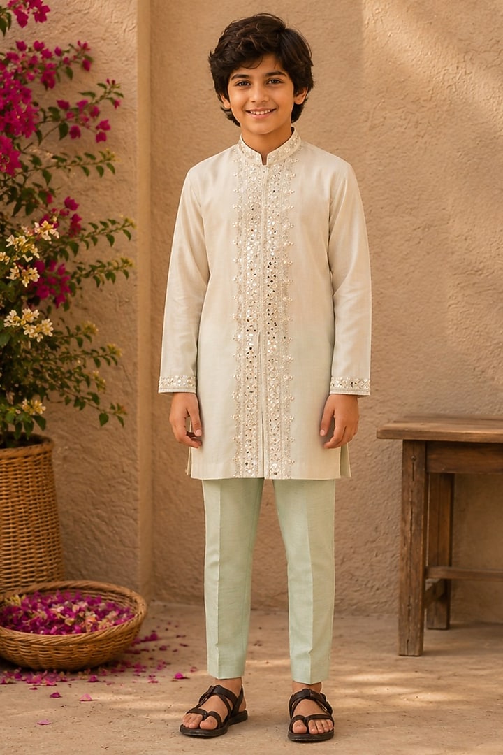 Ivory & Powder Blue Ombre Cotton Silk Mirror Work Kurta Set For Boys by Shreyansh Designs Kids at Pernia's Pop Up Shop