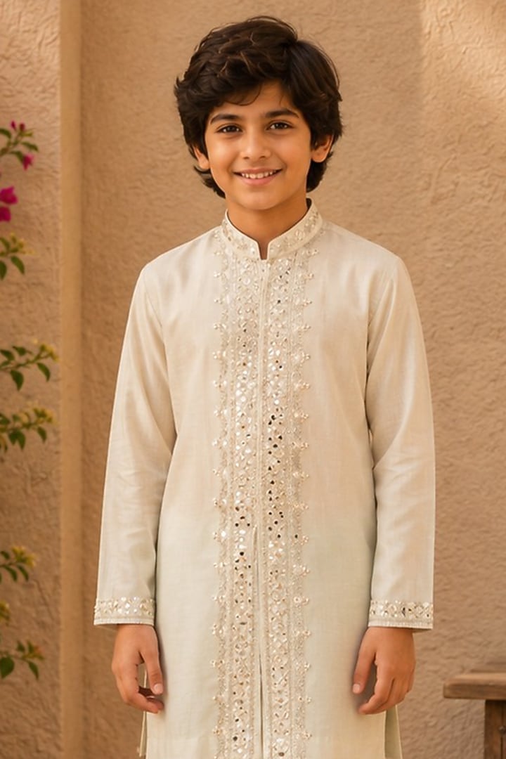Ivory & Powder Blue Ombre Cotton Silk Mirror Work Kurta Set For Boys by Shreyansh Designs Kids at Pernia's Pop Up Shop