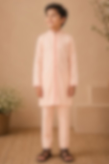 Powder Pink Cotton Silk Resham & Glass Bead Embroidered Kurta Set For Boys by Shreyansh Designs Kids at Pernia's Pop Up Shop