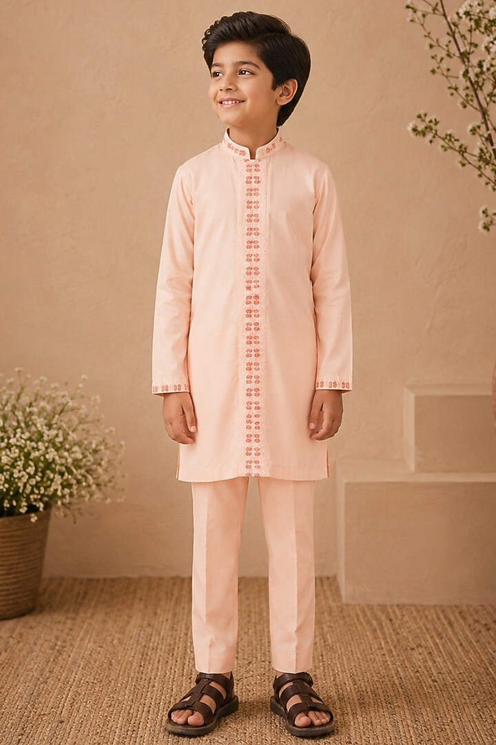 Powder Pink Cotton Silk Resham & Glass Bead Embroidered Kurta Set For Boys by Shreyansh Designs Kids at Pernia's Pop Up Shop