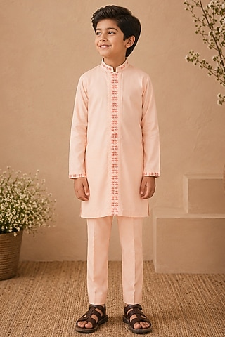 Powder Pink Cotton Silk Resham & Glass Bead Embroidered Kurta Set For Boys by Shreyansh Designs Kids