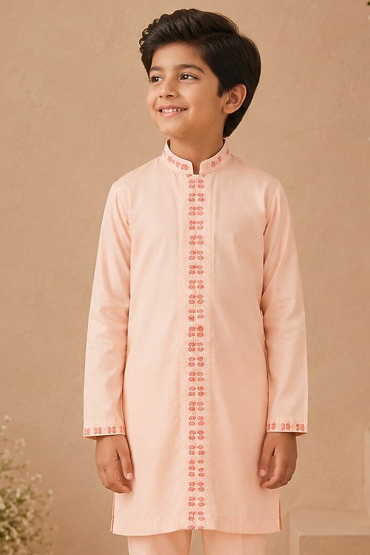 Powder Pink Cotton Silk Resham & Glass Bead Embroidered Kurta Set For Boys by Shreyansh Designs Kids at Pernia's Pop Up Shop